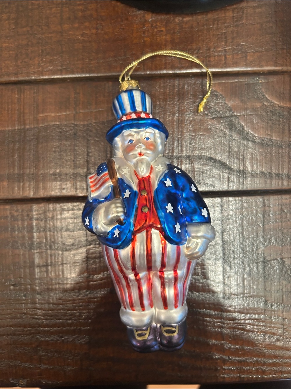 Patriotic Uncle Sam Glass Holiday Ornament - Blue, Red & White